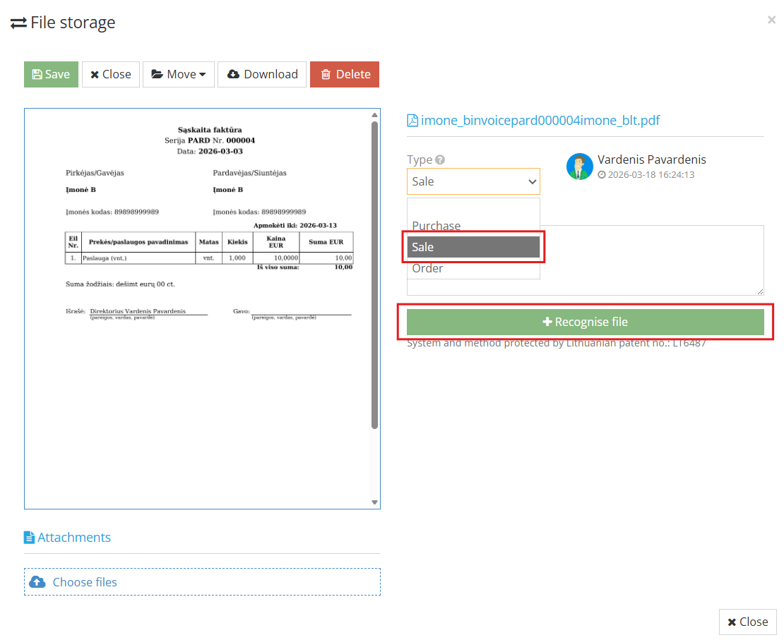 Добавление распознанных данных в бухгалтерию