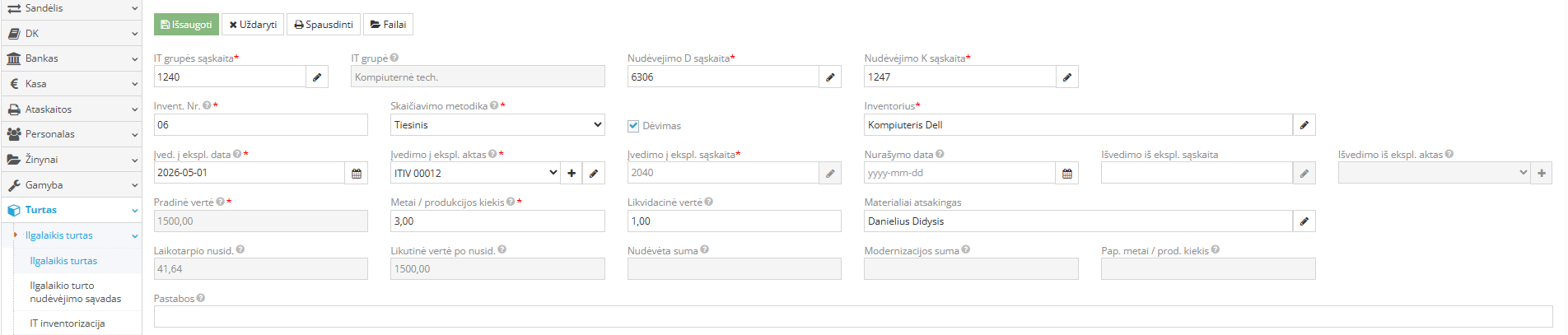 Naujo ilgalaikio turto įsigijimo langas