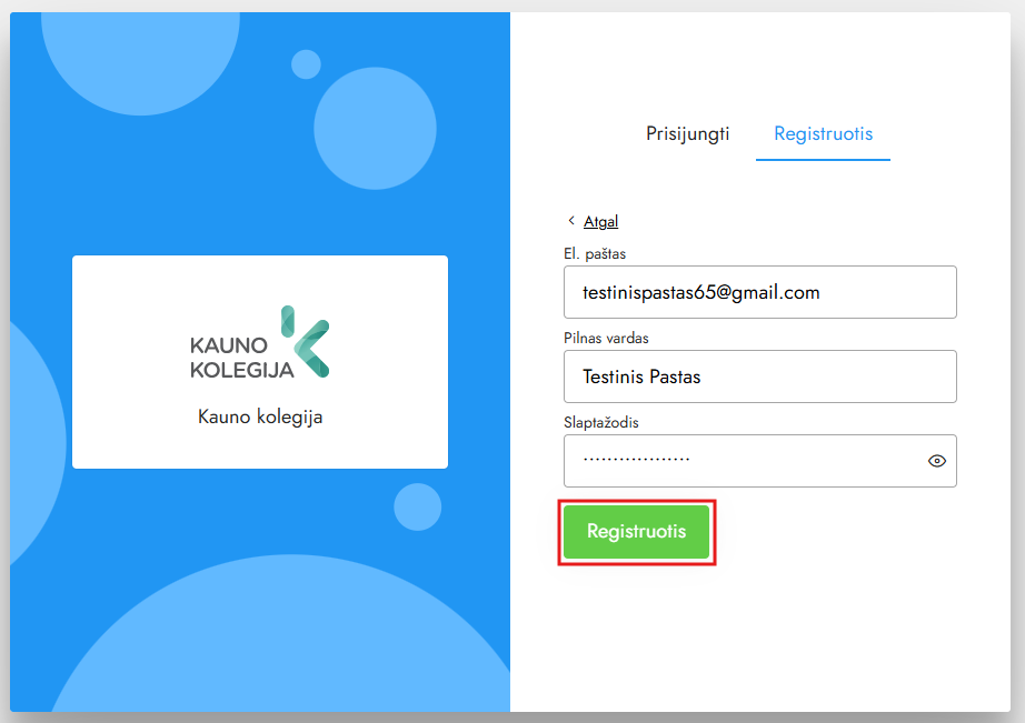 Studentų registracijs laukas