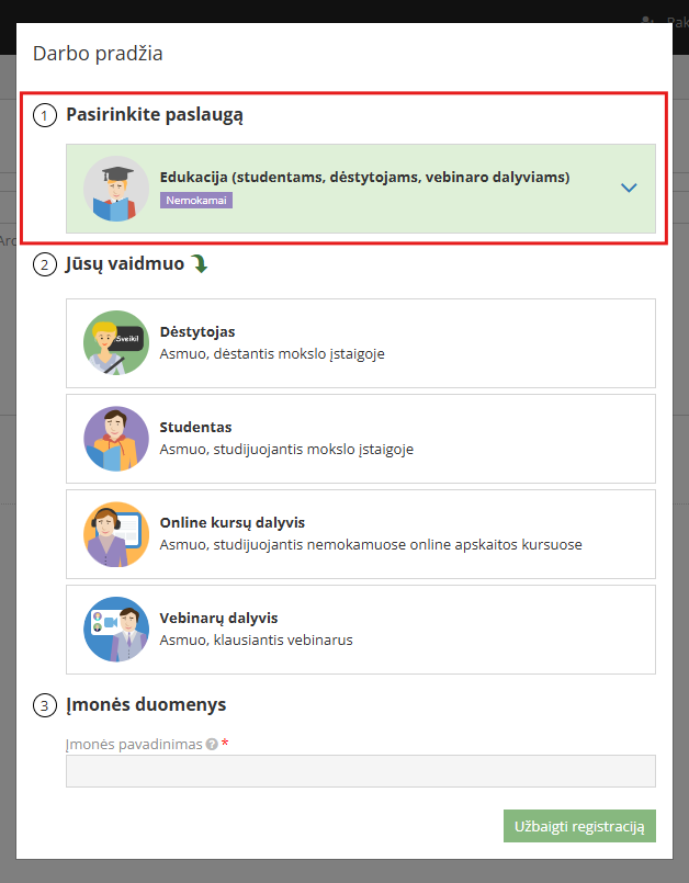 Studentų registracijs laukas