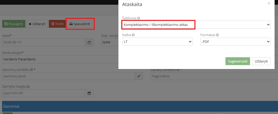 Komplektavimo/iškomplektavimo akto šablono parinkimo langas
