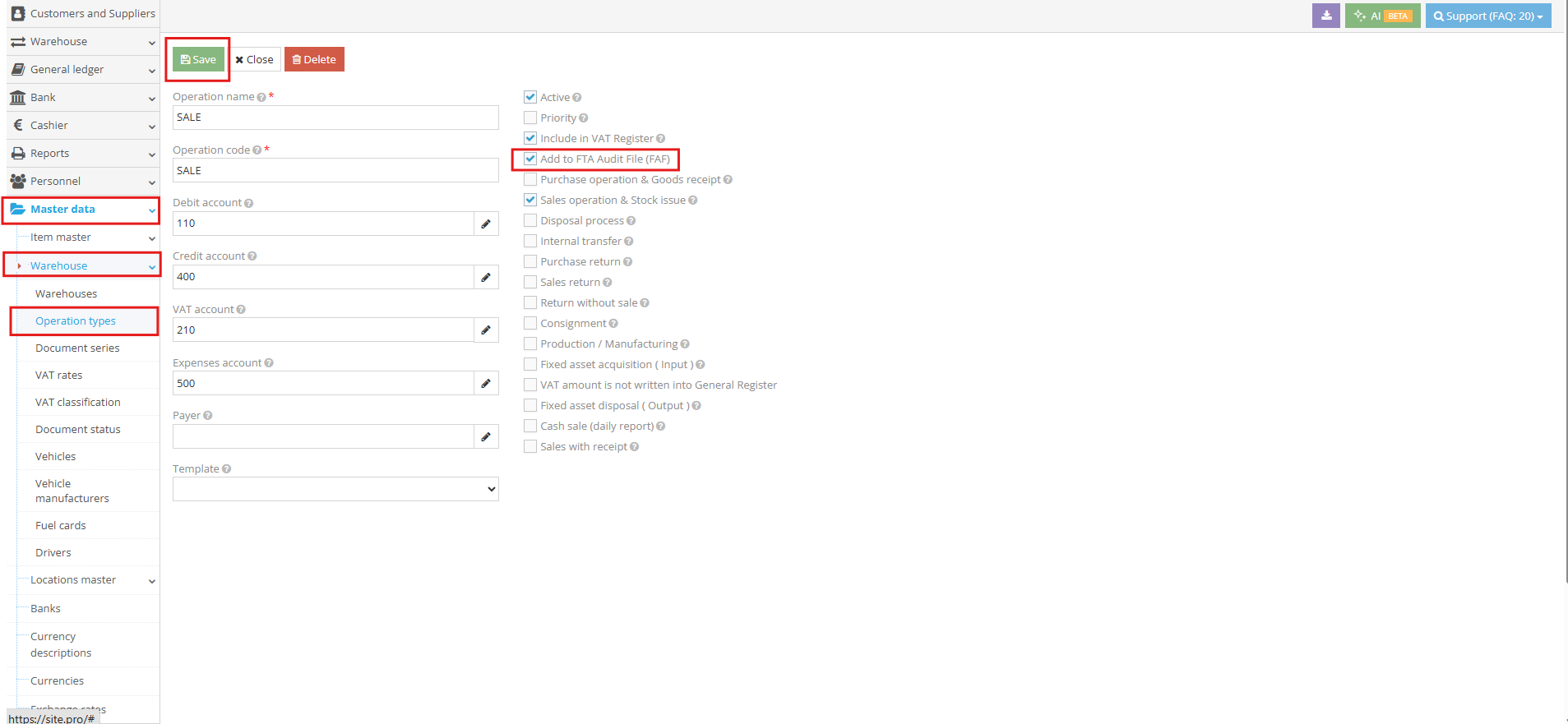Selecting “Add to FTA Audit File (FAF)” for an operation type