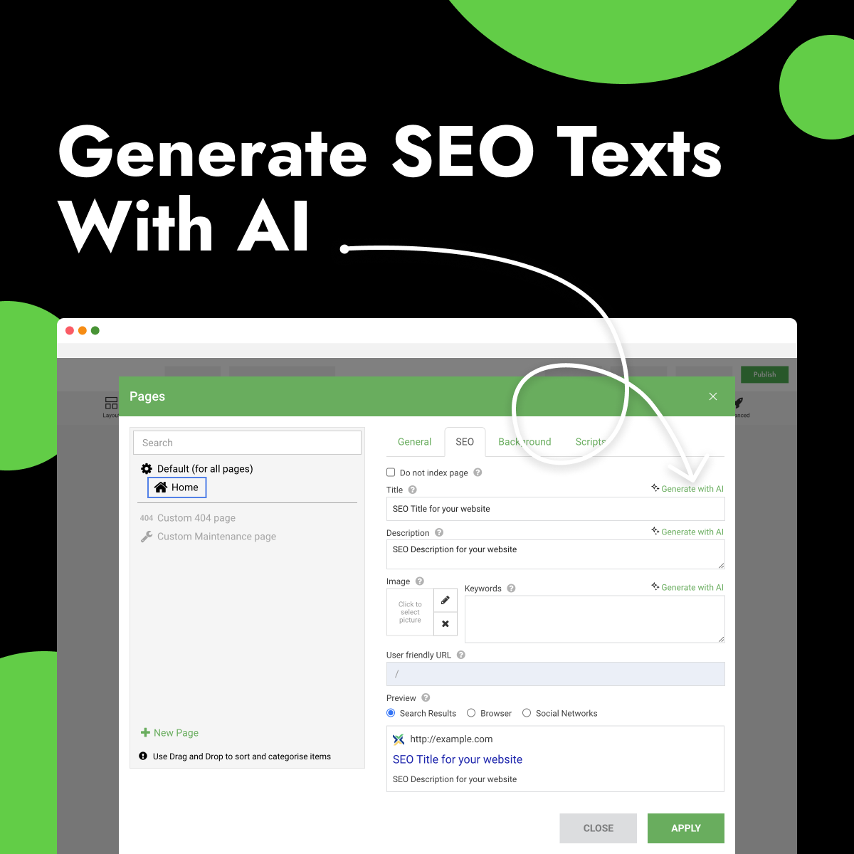 SEO generation with AI in website builder interface SEO generation with AI in website builder interface