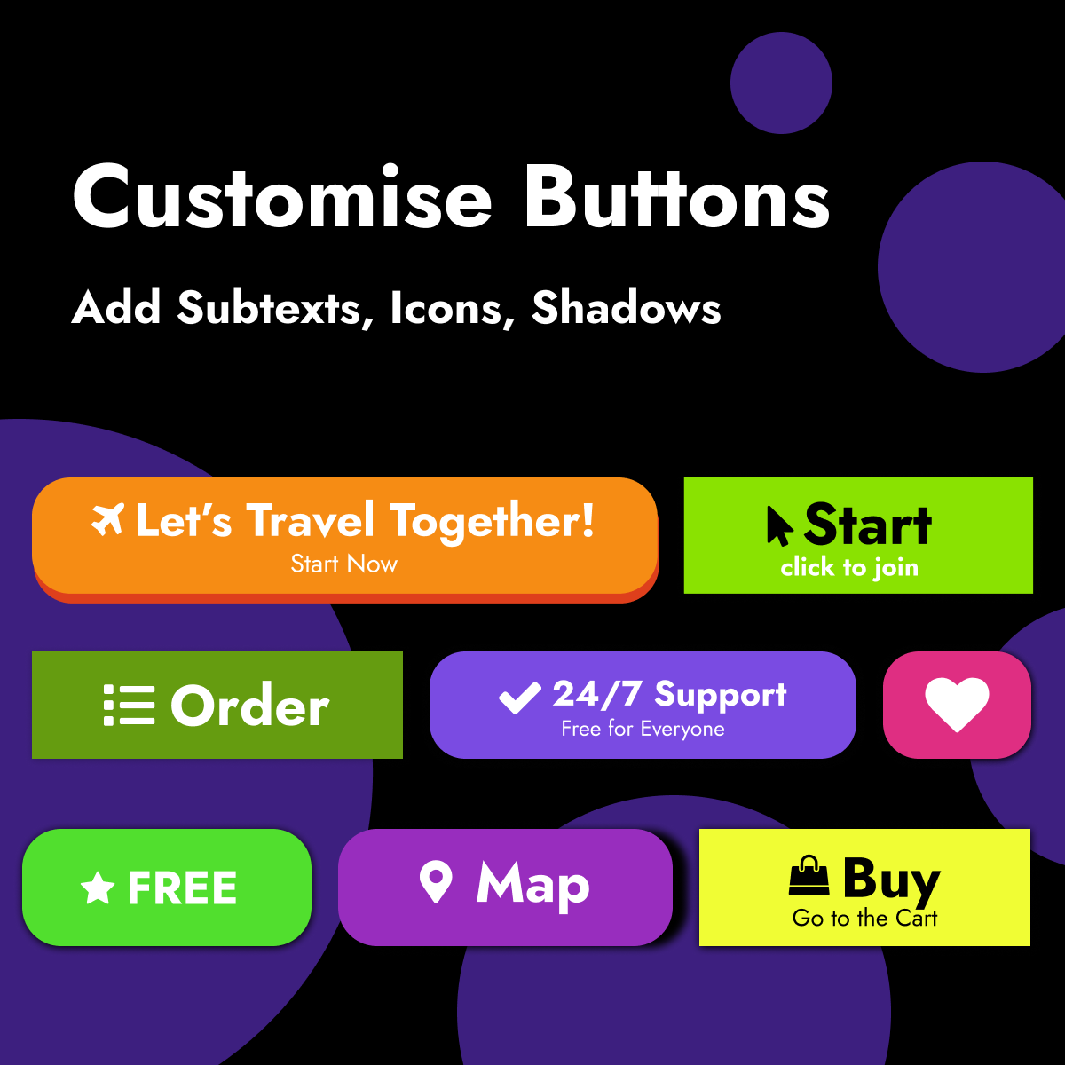 Button customization preview with text, icons and shadow options Button customization preview with text, icons and shadow options