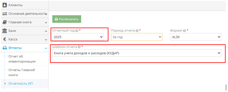 Пример страницы формирования отчета для ИП
